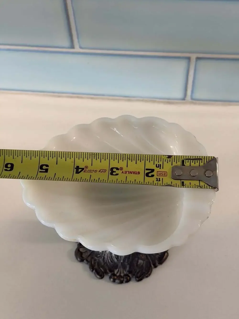 Vintage Milk Glass Seashell Trinket or Soap Dish on Ornate Metal Pedestal Base
